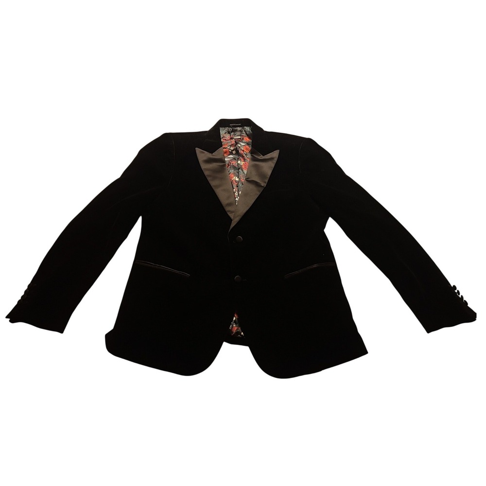 Lindbergh Black Velvet Tuxedo‎ Blazer Floral Lining Peak Men's Formal Jacket